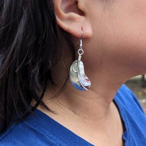 Navajo Dangle‎ Feather Earrings Native American Handmade Jewelry Signed ***